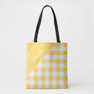 Personalized Modern Yellow Plaid Tote Bag