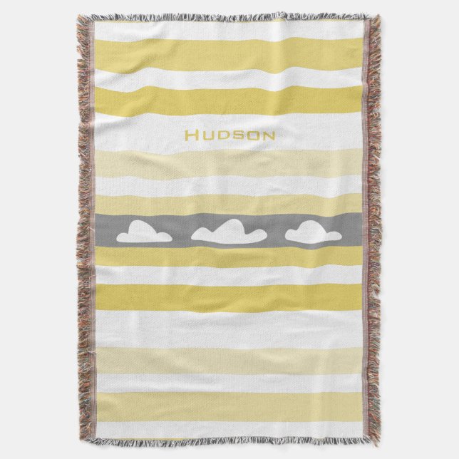 Personalized Modern Yellow Striped Clouds Throw Blanket (Front Vertical)