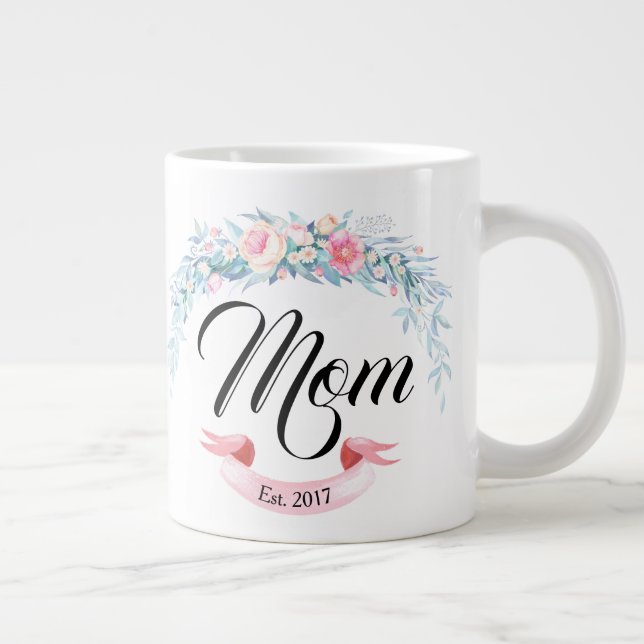Personalized Mom Established Flower Wreath Large Coffee Mug (Right)