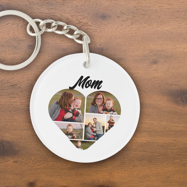 Personalized Mom Heart Shape Photo Collage Keychain (Custom Photo Keychain for Mom with Heart Shaped Photo Collage)