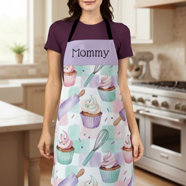 Personalized Mom Lavender Teal Cupcake Baking Crew Apron (Creator Uploaded)