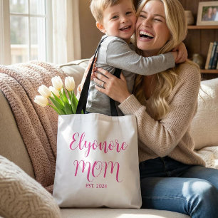Personalized Mom Name Established Date Pink Script Tote Bag