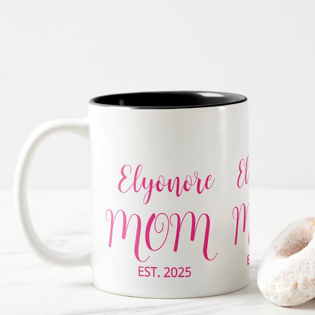 Personalized Mom Name Established Pink Script  Two-Tone Coffee Mug (Creator Uploaded)