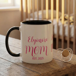 Personalized Mom Name Established Pink Script Two-Tone Coffee Mug