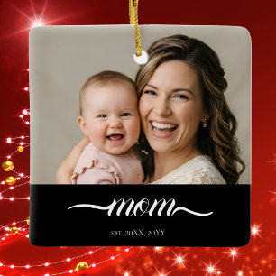Personalized Mom Photo Year Established Modern Ceramic Ornament