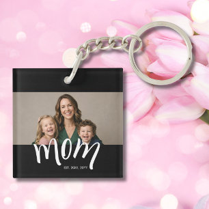 Personalized Mom Photo Year Established Modern Keychain