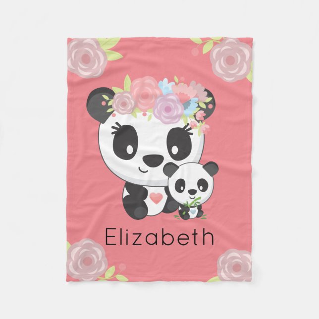 Personalized Mommy & Baby Panda Bear Kids Fleece Blanket (Front)