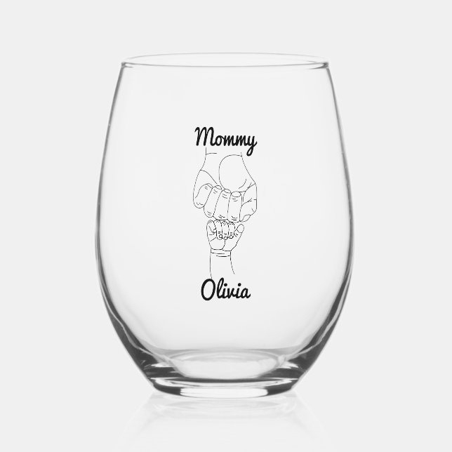 Personalized Mommy Mama Mom Gift with Kid's Name Stemless Wine Glass (Front)