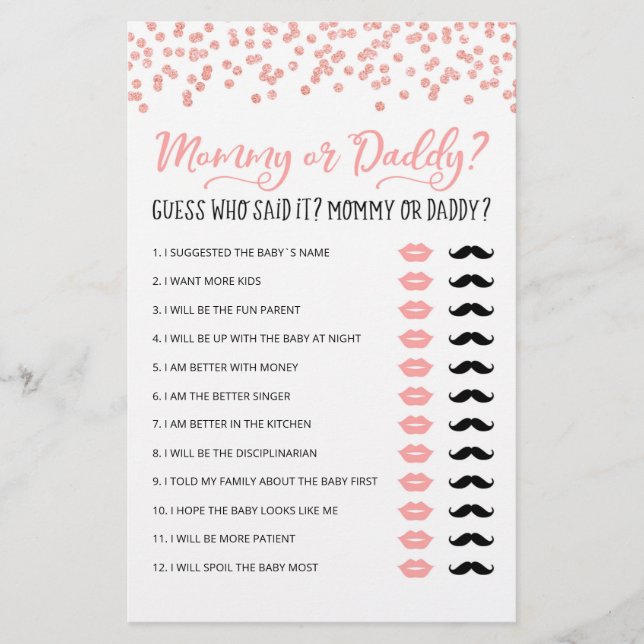 Personalized Mommy or Daddy Baby Shower party game (Front)