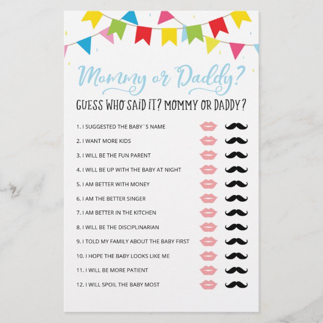 Personalized Mommy or Daddy Baby Shower party game (Front)