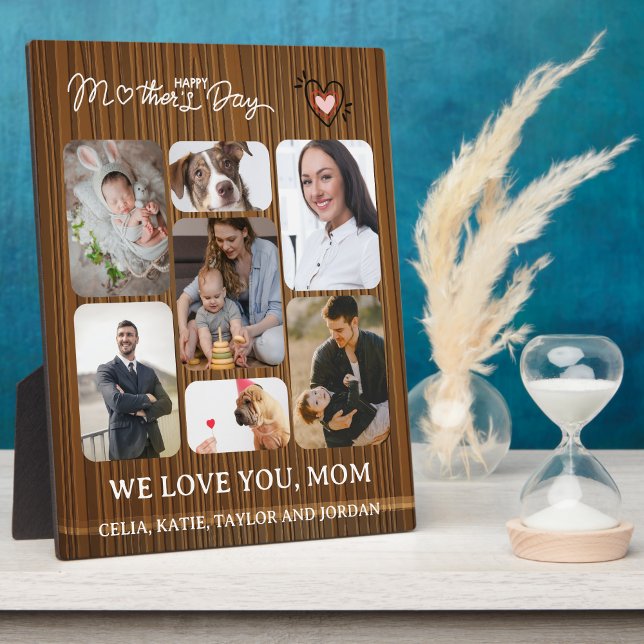 Personalized Mom's Day Gift: 7-Photo Collage  Plaque (Personalized Mom's Day Gift: 7-Photo Collage Wooden texture Plaque with Easel)