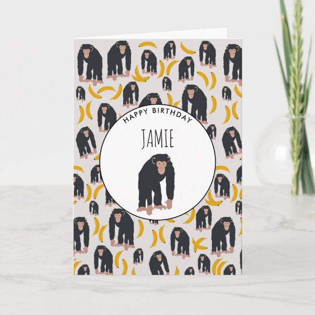 Personalized Monkey Chimpanzee & Banana Birthday Card (Front)
