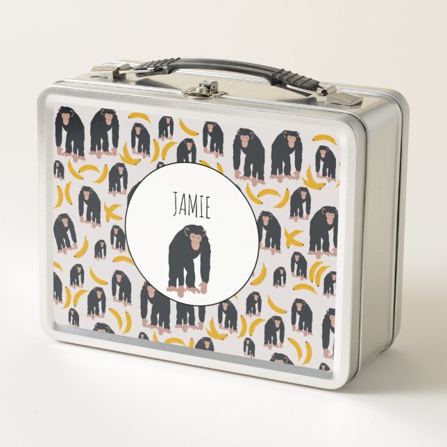 Personalized Monkey Chimpanzee & Banana Pattern Metal Lunch Box (Front)