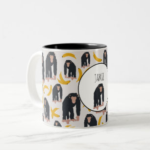 Personalized Monkey Chimpanzee & Banana Pattern Two-Tone Coffee Mug