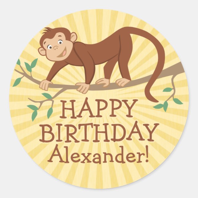 Personalized Monkey Kids Birthday Stickers (Front)