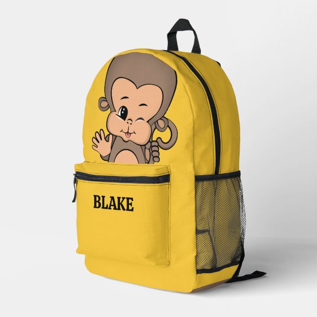 Personalized Monkey Yellow Print Cut Sew Backpack (Back Corner Right)