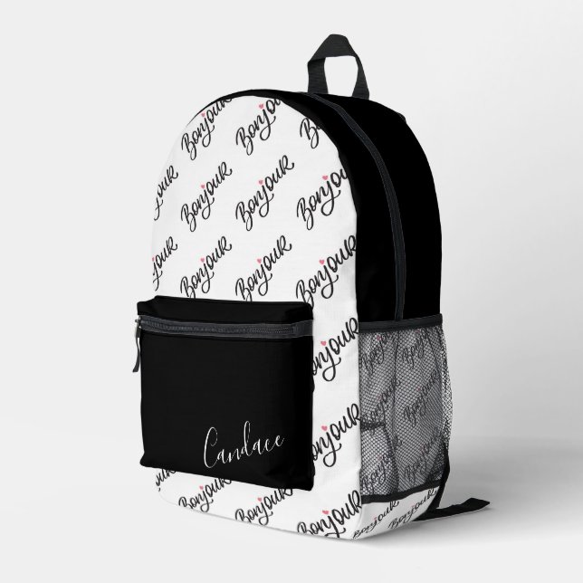 Personalized Monochrome “Bonjour” Backpack  (Back Corner Right)