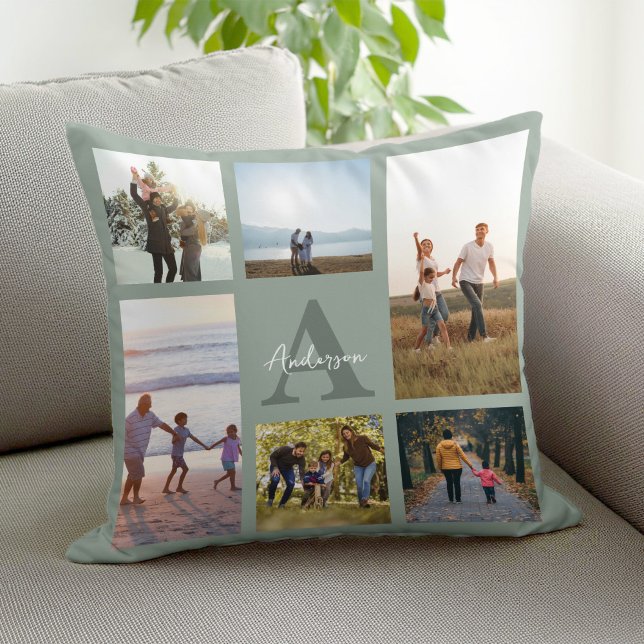 Personalized Monogram 6 Photo Collage Throw Pillow (Creator Uploaded)
