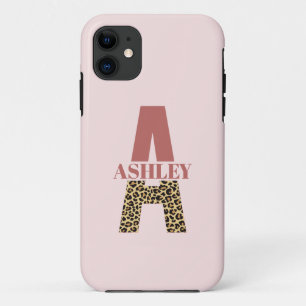Personalized Monogram A Pink Leopard print iPhone 11 Case
