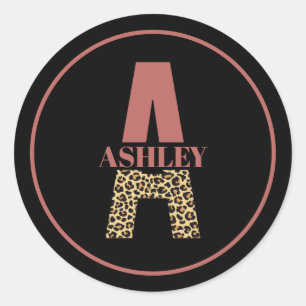 Personalized Monogram A Pink Leopard print  Classic Round Sticker