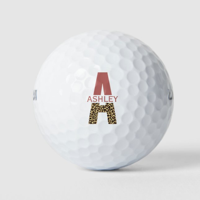 Personalized Monogram A Pink Leopard print Golf Balls (Front)
