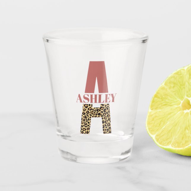 Personalized Monogram A Pink Leopard print Shot Glass (Front)