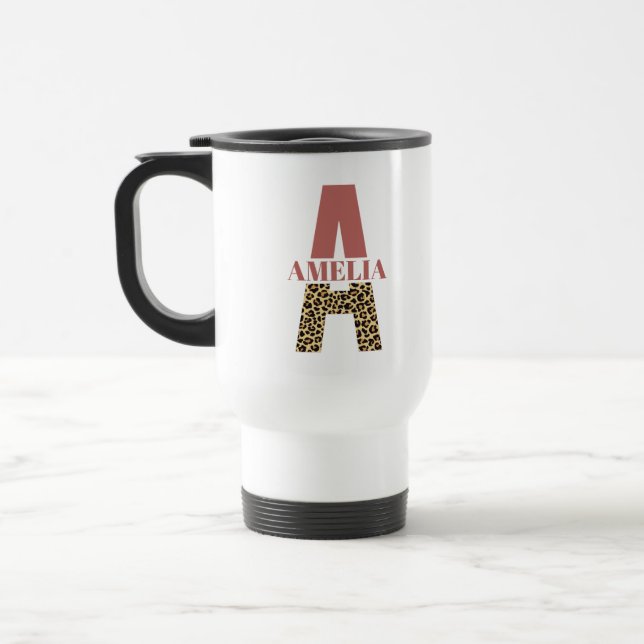 Personalized Monogram A Pink Leopard print  Travel Mug (Left)