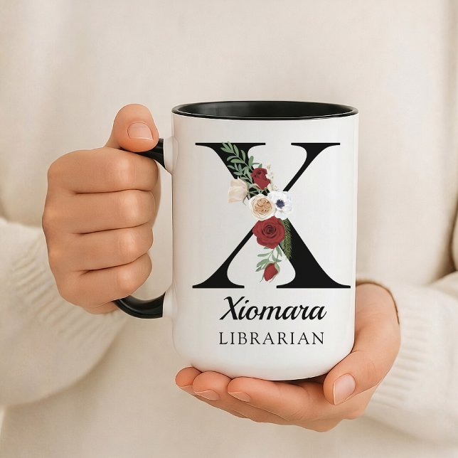 Personalized Monogram Alphabet Mug for Book Lover (Personalized Monogram Floral Alphabet Mug for Mom, Grandma, Teacher, Nurse, Lawyer or Bridesmaid)