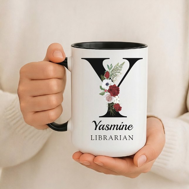 Personalized Monogram Alphabet Mug for Librarian (Personalized Monogram Floral Alphabet Mug for Mom, Grandma, Teacher, Nurse, Lawyer or Bridesmaid)