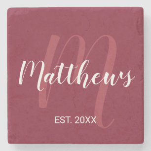 Personalized Monogram and Family Name Burgundy Red Stone Coaster