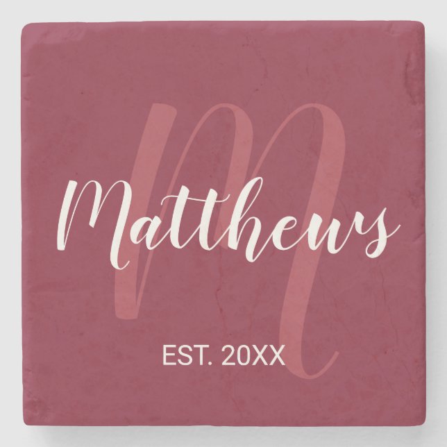Personalized Monogram and Family Name Burgundy Red Stone Coaster (Front)