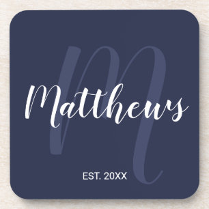 Personalized Monogram and Family Name Navy Blue Coaster
