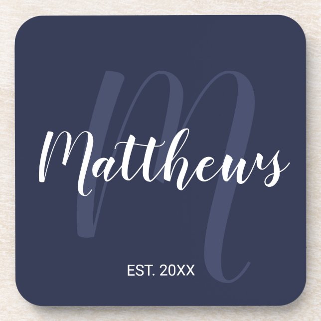 Personalized Monogram and Family Name Navy Blue Coaster (Front)