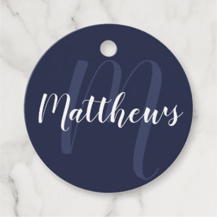Personalized Monogram and Family Name Navy Blue Favour Tags