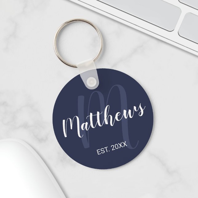 Personalized Monogram and Family Name Navy Blue Keychain (Creator Uploaded)