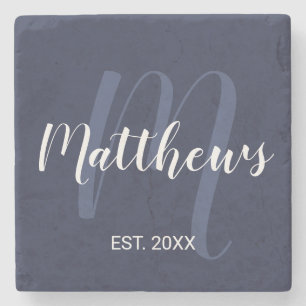 Personalized Monogram and Family Name Navy Blue Stone Coaster