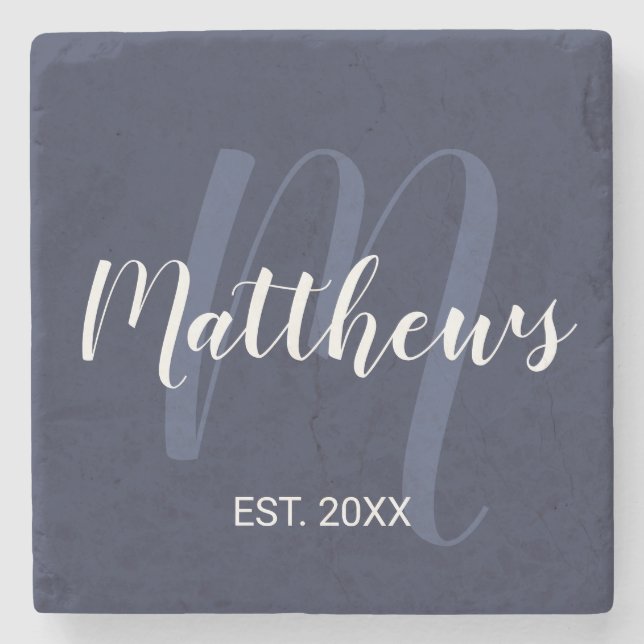 Personalized Monogram and Family Name Navy Blue Stone Coaster (Front)