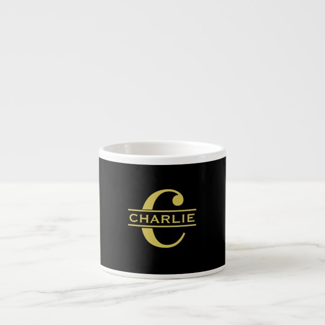 Personalized Monogram And Name Black And Gold Espresso Cup (Front)