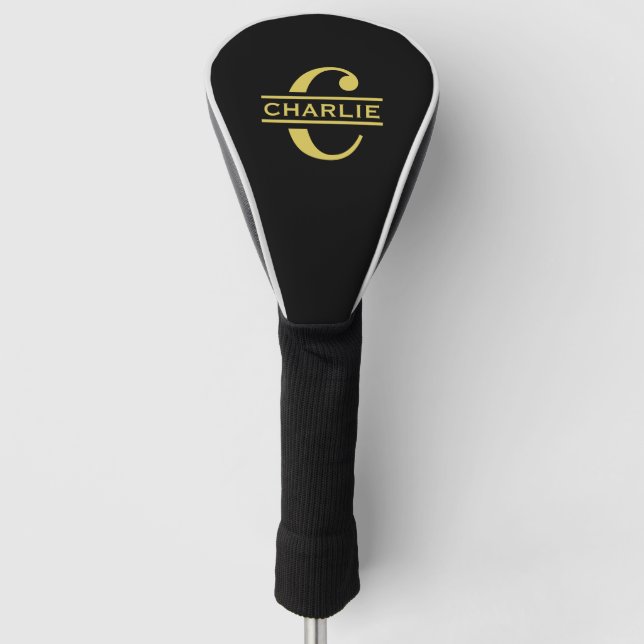 Personalized Monogram And Name Black And Gold Golf Head Cover (Front)