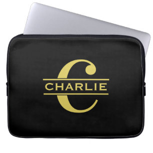Personalized Monogram And Name Black And Gold Laptop Sleeve