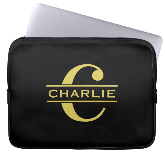 Personalized Monogram And Name Black And Gold Laptop Sleeve (Front)