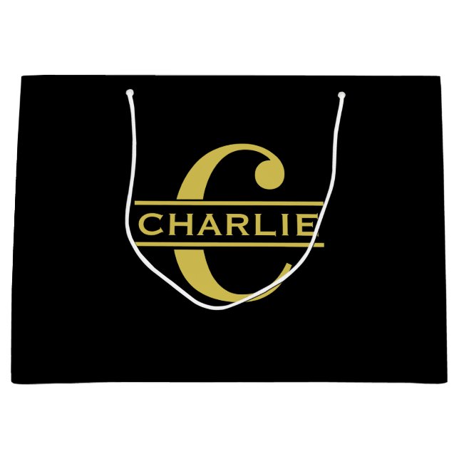 Personalized Monogram And Name Black And Gold Large Gift Bag (Front)