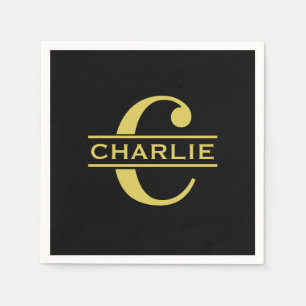 Personalized Monogram And Name Black And Gold Napkin