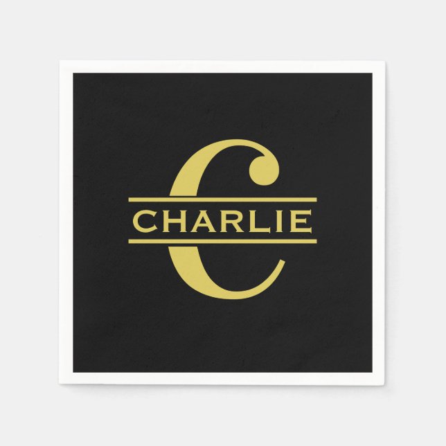 Personalized Monogram And Name Black And Gold Napkin (Front)