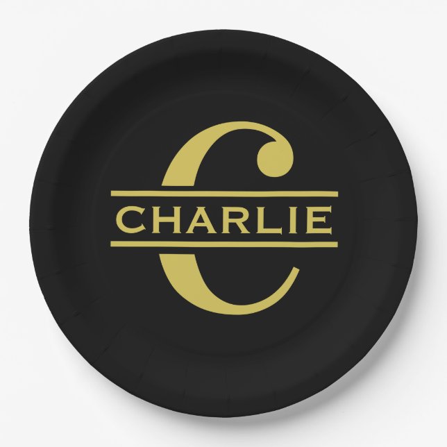 Personalized Monogram And Name Black And Gold Paper Plate (Front)