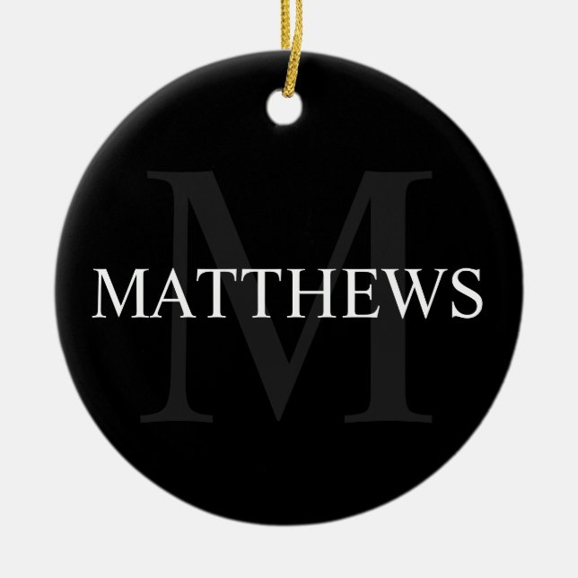 Personalized Monogram and Name Black Ceramic Ornament (Front)