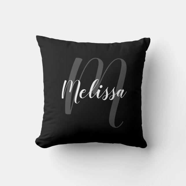 Personalized Monogram and Name Black Elegant Throw Pillow (Front)