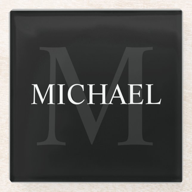 Personalized Monogram and Name Black Glass Coaster (Front)