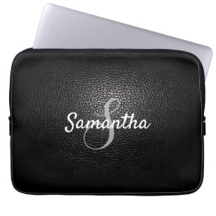 Personalized Monogram and Name Black Leather Laptop Sleeve