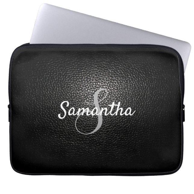 Personalized Monogram and Name Black Leather Laptop Sleeve (Front)